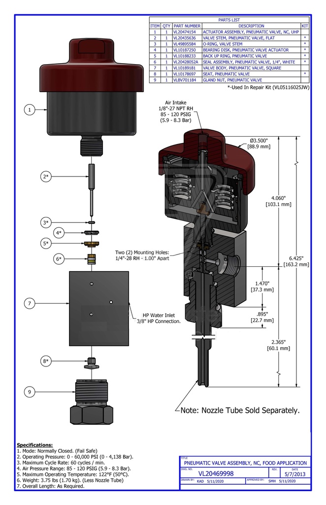 PNEUMATIC VALVE ASSEMBLY  NORMALLY CLOSED  FOOD APPLICATION