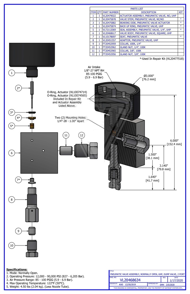PNEUMATIC VALVE ASSEMBLY  NORMALLY CLOSED  FOOD APPLICATION
